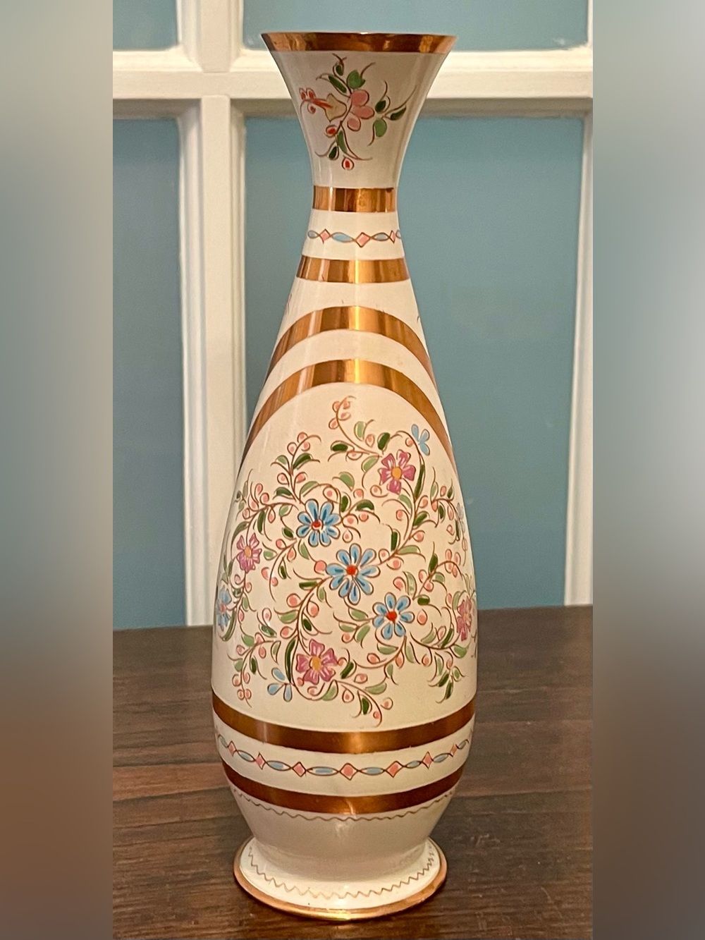 Vintage Hand-Painted Enameled Brass Floral Bud Vase - Bohemian Decor EUC